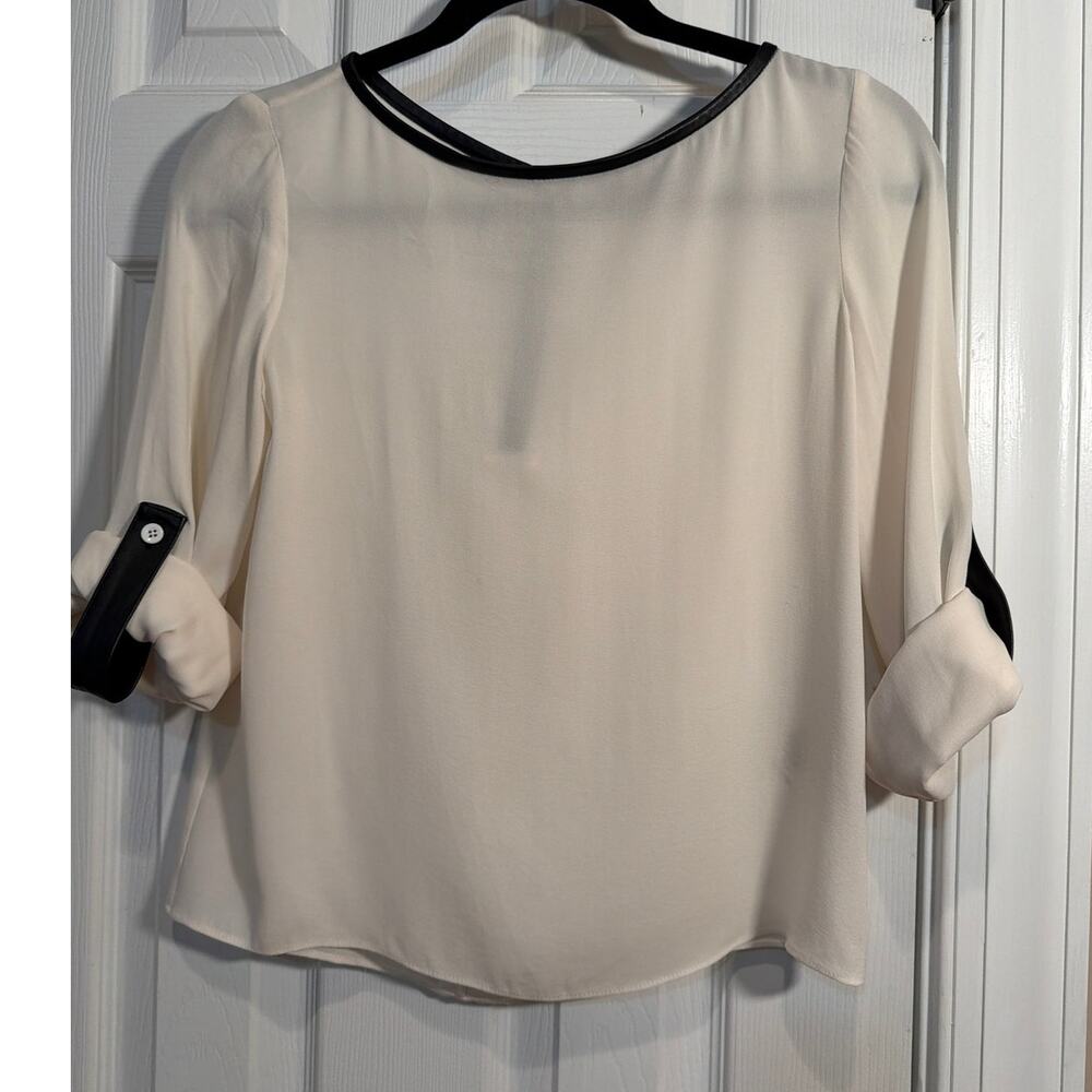 Alice + Olivia AIR Leather Trim Stretch Silk Boatneck Blouse Cream/White XS
